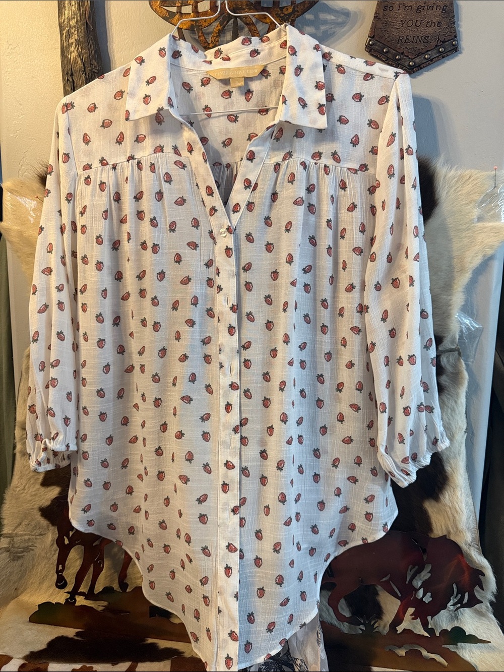 White Button-Front Blouse with Red Strawberry 🍓 Motif